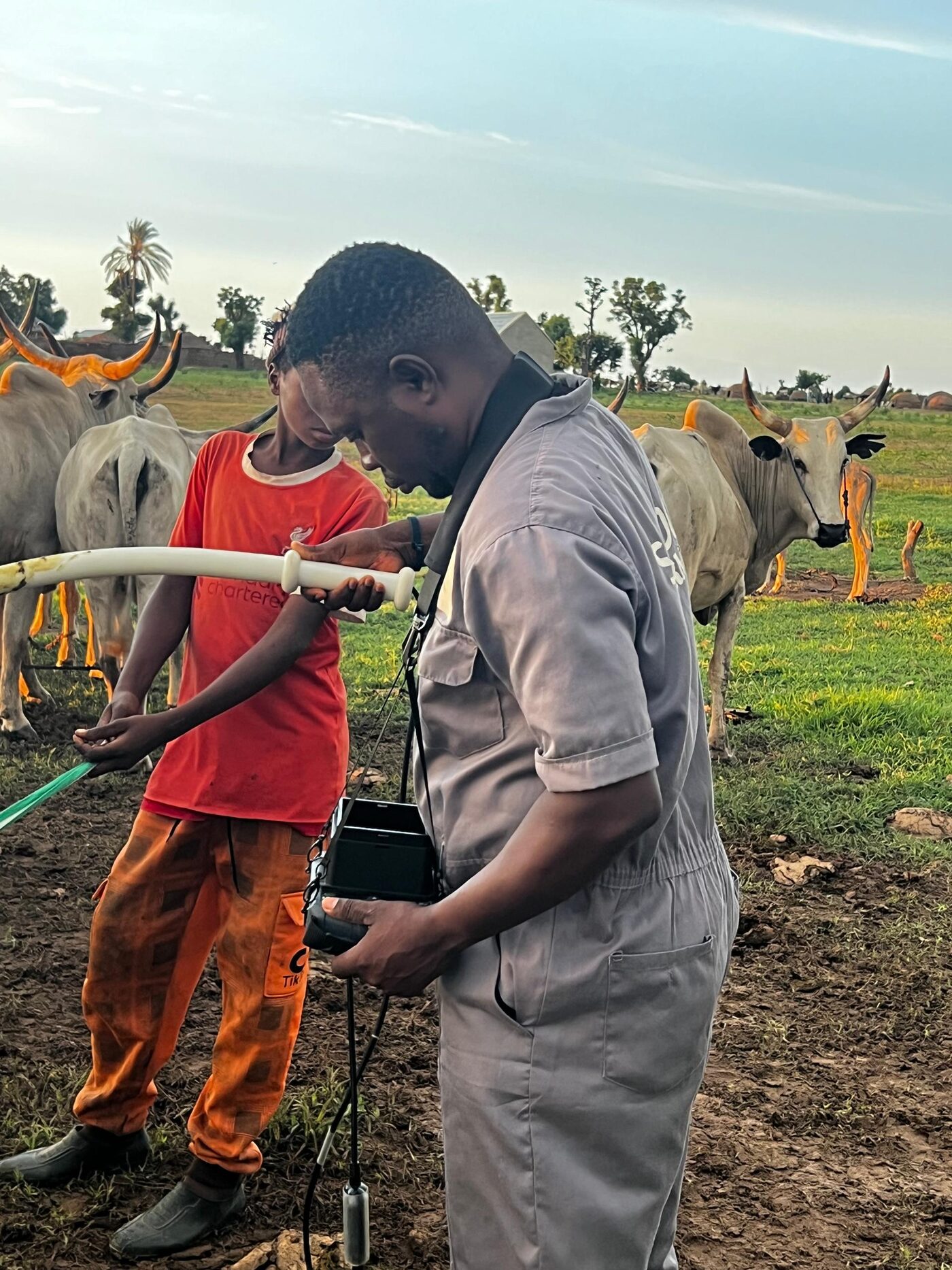 Extension agent using diagnostics equipment with a young herder
